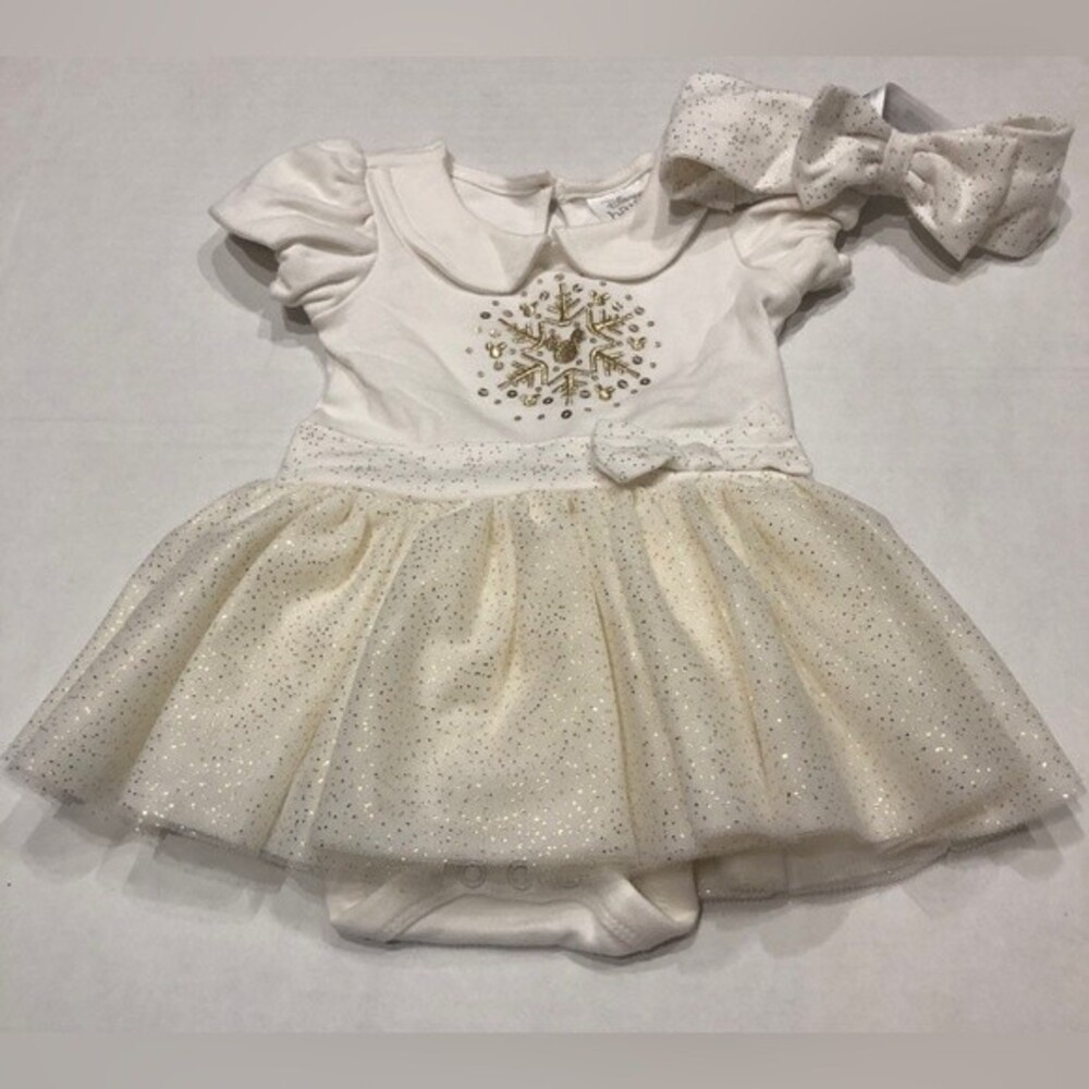 Disney Baby Mickey Mouse Holiday White Snowflake Bodysuit Tutu Skirt Bow Sz 9-12